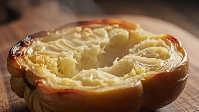 Closeup of a baked eggplant with steam rising showcasing its tender texture.