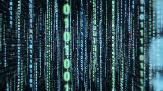 Cascading streams of glowing binary code sequences descend into a digital abyss, representing the fundamental language of computing architecture and the flow of information in technological