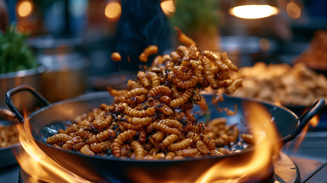 Silkworm pupae being stir fried in a wok over high flame, chef tossing with confidence, dramatic shadows from a single overhead light in a street stall setting, ideal for insect protein, Asian stree
