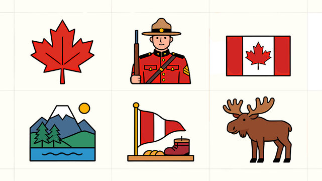 A collection of six Canadian-themed icons including a maple leaf, Mountie, flag, landscape, another flag with a boot, and a moose.