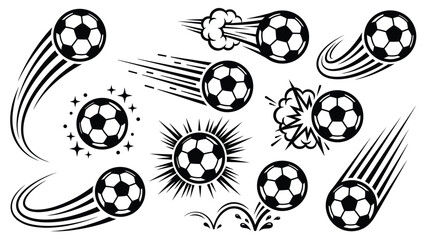 Soccer ball motion vector set with speed lines explosion and comic effects on white background © Salam Studio