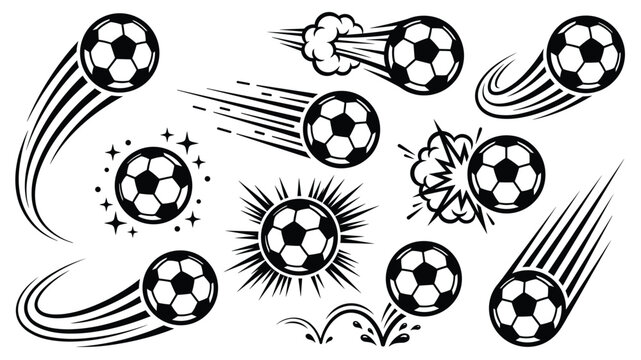 Soccer ball motion vector set with speed lines explosion and comic effects on white background