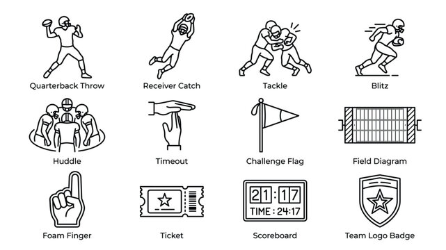 American football line icon set vector with quarterback tackle huddle and game elements