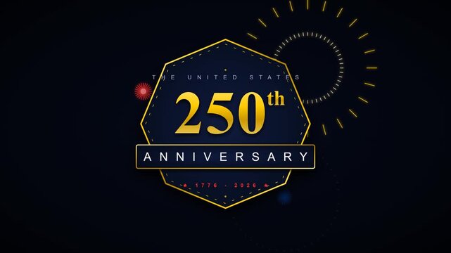 An epic infinite 3D golden star tunnel animation for the 250th anniversary, featuring a floating dark octagon plate and geometric fireworks in a seamless 4K loop.
