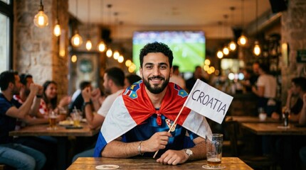 Obraz premium Young man supporting Croatia at sports bar with flag and sign