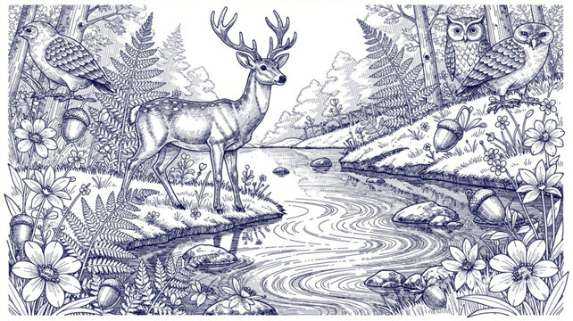 Deer with large antlers standing still.