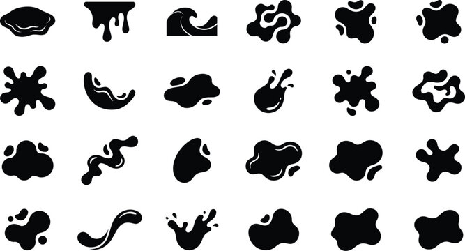Black liquid splash silhouettes and organic blot shapes featuring water droplets, paint spills, melting slime effects, and abstract ink stain vector icons.
