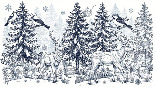 Deer standing in snowy forest landscape.