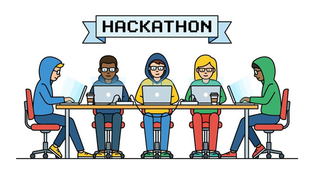 Diverse team of developers working on laptops at a hackathon event