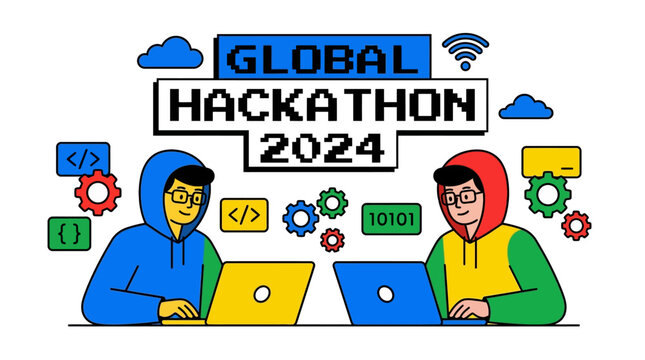 Global Hackathon 2024 Flat Illustration of Programmers Coding
