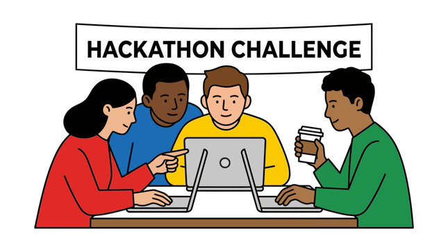 Diverse Team Collaborating on Hackathon Challenge Illustration