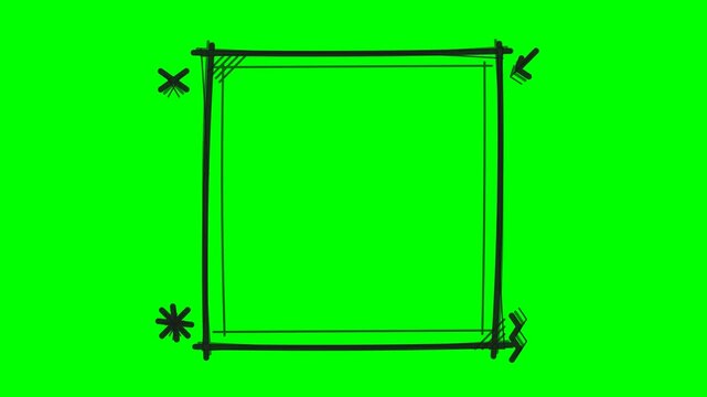 A hand-drawn boiling line square frame scribble animation on a pure green screen chromakey background, featuring rough marker details in a stop-motion 4K loop.
