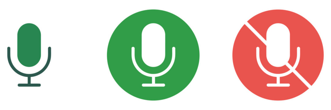 Three microphone icons showing different states, simple green microphone, green circle with active mic, and red circle with muted microphone