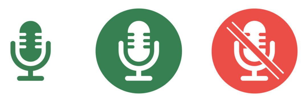 Three microphone icons showing different states, green microphone for active recording, green circled microphone for enabled status, and red muted microphone symbol for audio control and communication