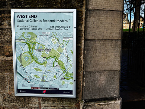 Wall mounted West End map and sign for National Galleries Scotland in Edinburgh, Scotland, UK guiding tourists and visitors to galleries and local landmarks
