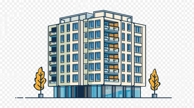 An illustration of a large apartment building with trees and balconies