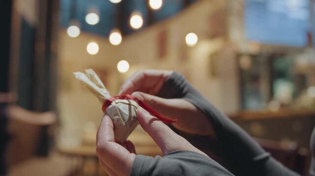 Hands untying red ribbon around small bundle in cozy bistro, careful artisan motion with fingers working knot, warm bokeh lights and wooden table create tactile closeup full of precision and quiet
