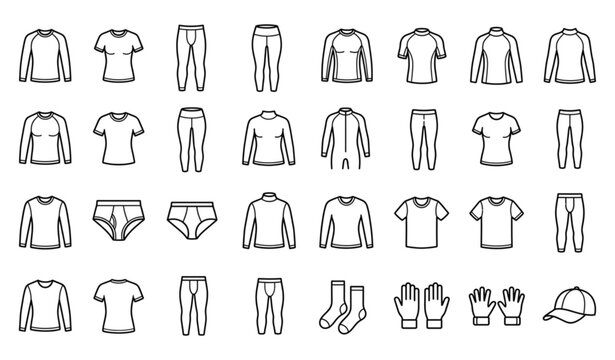 Black and white thermal clothing line icon collection with men and women base layer apparel