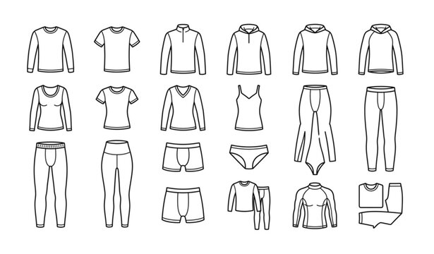 Minimal thermal underwear and base layer vector icons in black white line art style