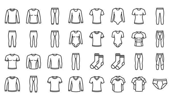 Thermal underwear and base layer clothing icon set with black and white line art vectors