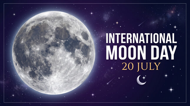 International moon celebration poster with glowing lunar galaxy background and celestial astronomy theme for science event