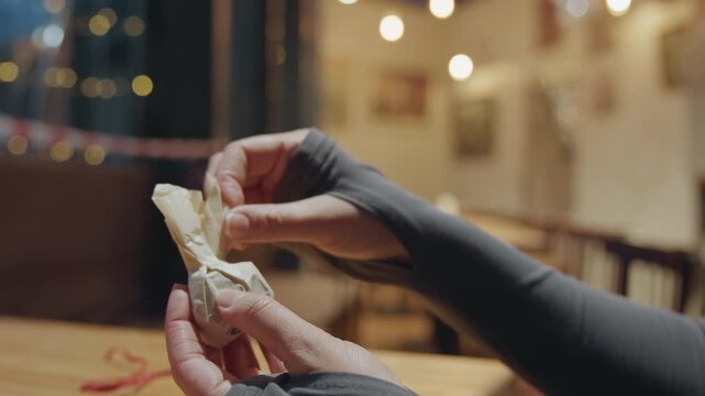 White woman hands unwrapping chocolate truffle cozy cafe with warm bokeh lights, wooden table, paper wrapper crinkle, delicate fingers, closeup cinematic framing, holiday garland, tactile