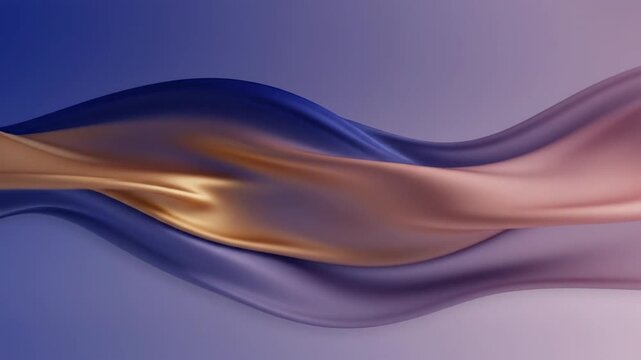 Fluid, undulating waves of luxurious satin fabric, blending deep sapphire blues with shimmering rose gold and subtle amethyst hues, create a captivating abstract design suggestive of flowing
