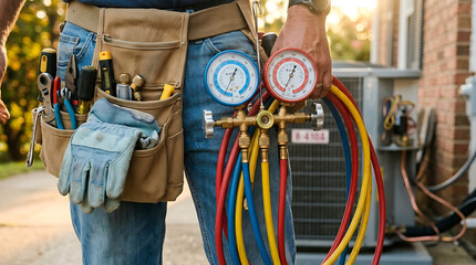 Obraz premium HVAC technician holding manifold gauge set for air conditioner repair service.