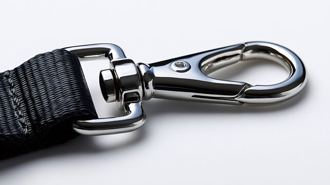 Chrome metal snap hook providing a secure connection to a black polyester strap, emphasizing security, hardware, and connection on a clean white background