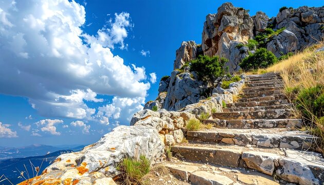 Ancient stone stairs ascend rocky mountainside