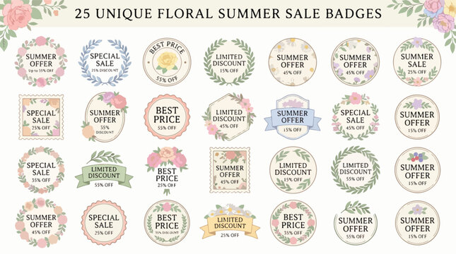 Floral summer sale badges, set of 25 unique botanical discount labels, elegant pastel flower wreath stickers for retail marketing and seasonal promotions