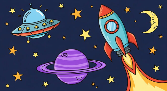 Cartoon rocket ship flying past planet and UFO in starry night sky.