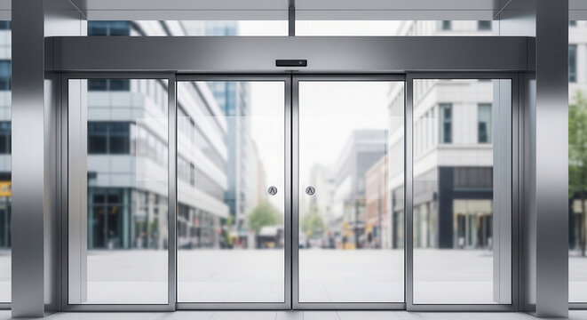 Automatic glass entrance doors with a modern design, leading to a city street lined with contemporary buildings and greenery in the background