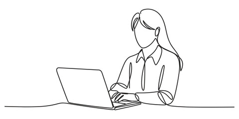 Continuous single line drawing of woman working on a laptop computer © Bilas