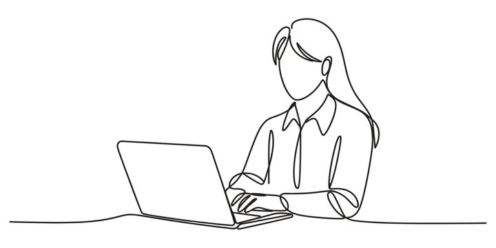 Continuous single line drawing of woman working on a laptop computer