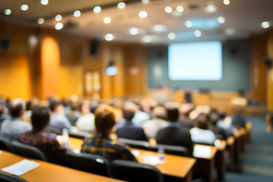 Conference attendees gather in a large meeting room during a presentation in Portugal on a weekday afternoon