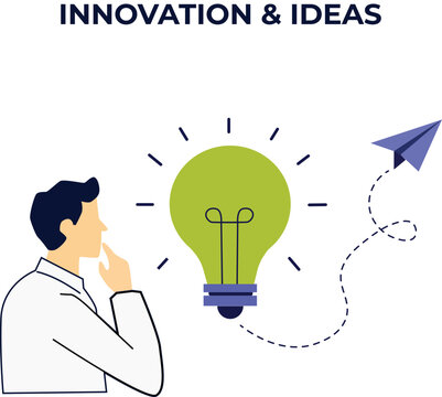 A man thinking of lightbulb idea, abstract Innovation and Idea Concept Illustration with Paper Plane, Light Bulb and Creative People