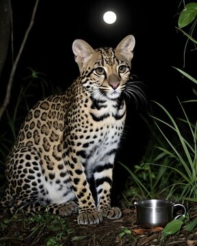A fur oncilla  , northern tiger cat genetic hybrid experiment fantasy animal, fictional species in an enchanted glade