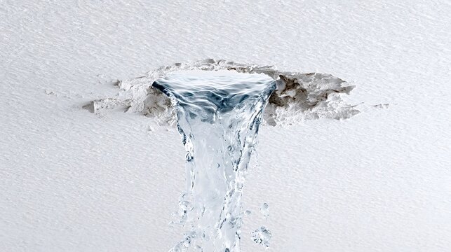 Water pouring and splashing from a broken pipe through a damaged ceiling, illustrating a severe plumbing issue causing flood and water damage in a home
