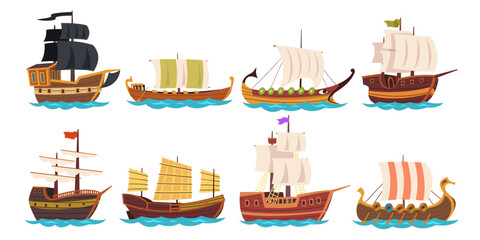 Old sailboat ships. Wooden ship cartoon ancient sail boat, pirate schooner vintage sea vessel ocean water warship galleon caravel historical transport classy vector illustration © ssstocker