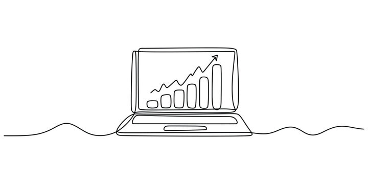 Continuous single line drawing of laptop showing a growing business graph