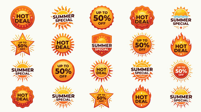 Summer sale badges set, hot deal promotion labels with sun and fire icons, orange and red discount stickers for seasonal marketing and retail offers