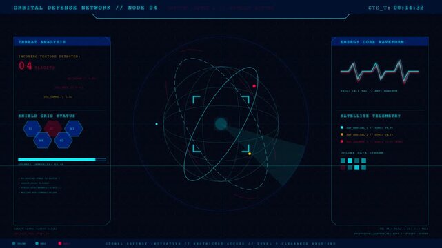 A highly detailed sci-fi orbital command HUD animation, showcasing a futuristic planetary defense and tracking interface in a seamless loop.