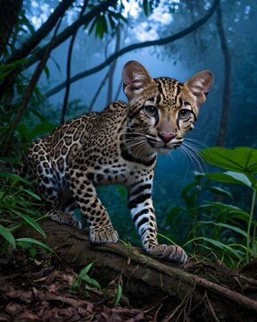 A  oncilla  , northern tiger cat genetic hybrid experiment fantasy animal, fictional species in pulsing root labyrinth mist filled jungle