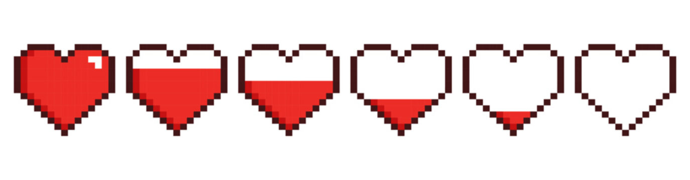 Pixel art health bar set with red hearts. Retro 8-bit game life level indicators. Heart containers for video game interface, gaming status icons collection. Vector pixelated UI elements isolated
