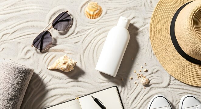 Beach essentials laid on sand including sunglasses, hat, and lotion.