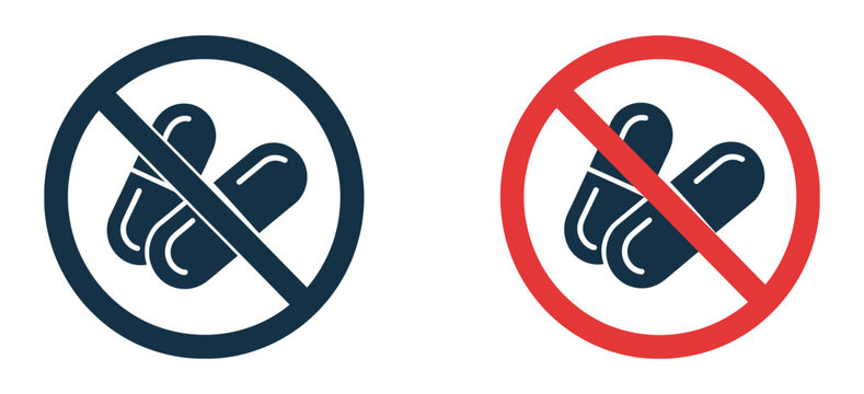 Prohibition signs with pills, blue and red circles indicating medication ban and drug safety restriction symbols vector illustration.