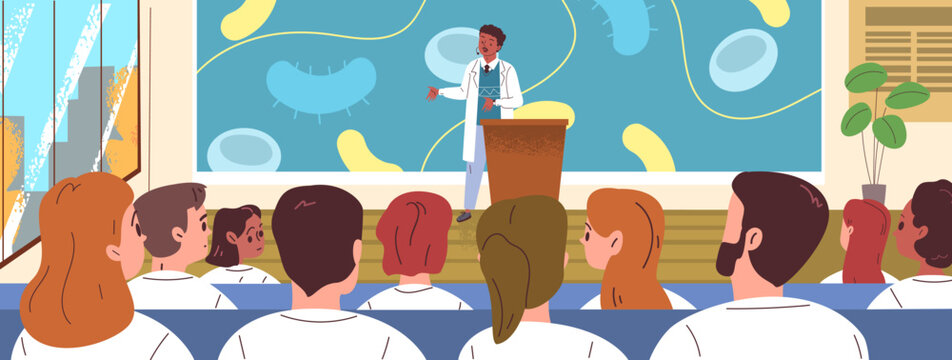 Medical symposium audience. Scientific lecture stage, scientist speaker professor medic seminar student auditorium conference hall presentation research classy vector illustration