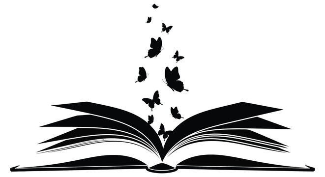 open book with butterflies flying out black and white silhouette high quality professional detailed modern elegant