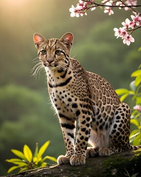 A  oncilla , northern tiger cat genetic hybrid experiment fantasy animal, fictional species  in a spring blossom ridge
